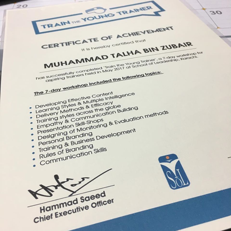 Talha’s Train The Young Trainers certificate of achievement